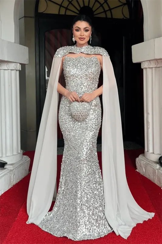 Pullu Payet Kumaş Pelerin Detaylı Abiye Elbise - GOLD - 1