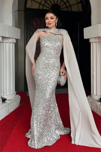 Pullu Payet Kumaş Pelerin Detaylı Abiye Elbise - GOLD - BÜYÜKBEDENIZ (1)