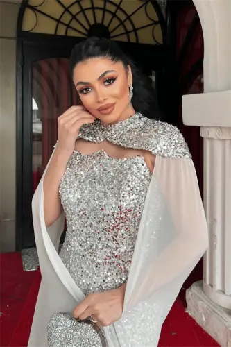 Pullu Payet Kumaş Pelerin Detaylı Abiye Elbise - GOLD - 3