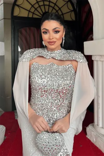 Pullu Payet Kumaş Pelerin Detaylı Abiye Elbise - GOLD - 4