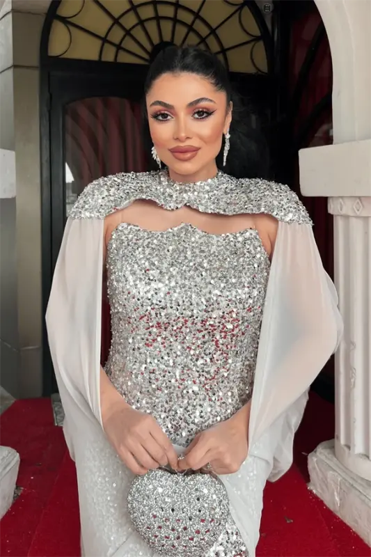 Pullu Payet Kumaş Pelerin Detaylı Abiye Elbise - GOLD - 4