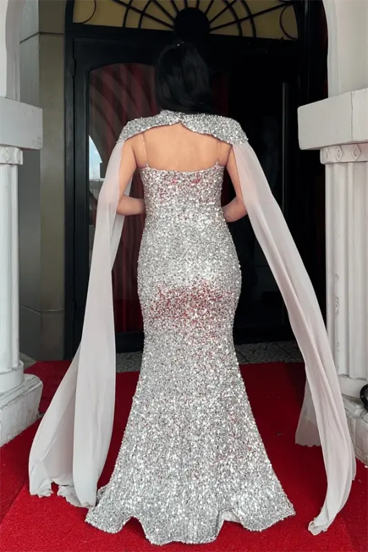 Pullu Payet Kumaş Pelerin Detaylı Abiye Elbise - GOLD - 5