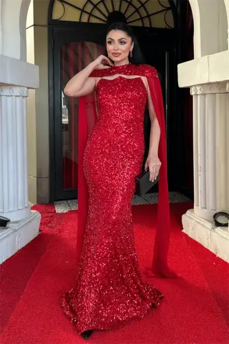 Pullu Payet Kumaş Pelerin Detaylı Abiye Elbise - KIRMIZI - BÜYÜKBEDENIZ (1)