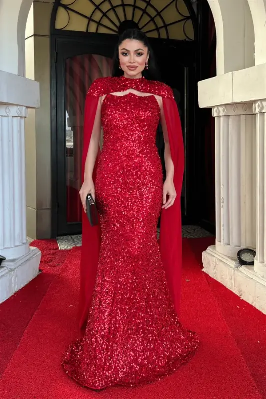 Pullu Payet Kumaş Pelerin Detaylı Abiye Elbise - KIRMIZI - 1