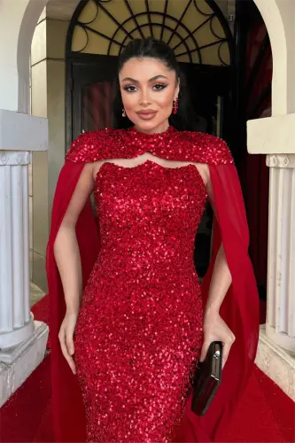 Pullu Payet Kumaş Pelerin Detaylı Abiye Elbise - KIRMIZI - 3