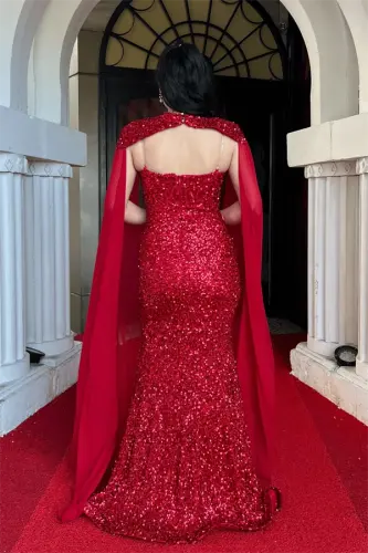 Pullu Payet Kumaş Pelerin Detaylı Abiye Elbise - KIRMIZI - 5