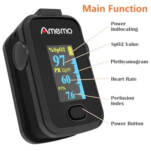 Pulse Oksimetri, OLED Displey Kislorod Monitori Barmoq uchi, Qon Kislorod Saturatsiyasi Monitori (SpO2) G'ilof, Silikon G'ilof bilan (Qora) - AMEMO (1)