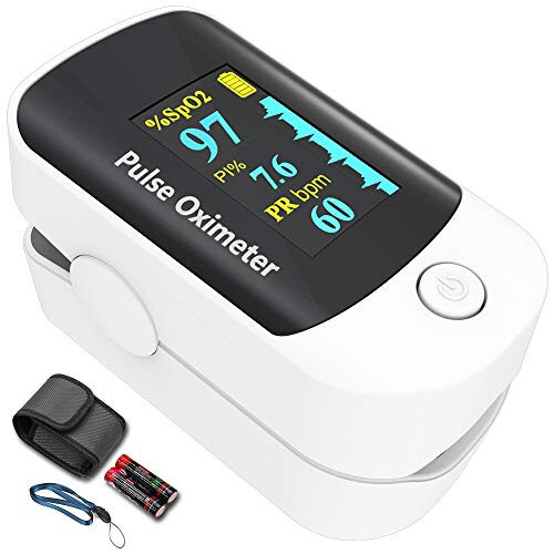 Pulse Oximeter Fingertip, Portable Blood Oxygen Saturation Monitor for Heart Rate and SpO2 Level, O2 Monitor Finger for Oxygen, Pulse Ox, Oxi Include Carrying Case, Lanyard and Batteries, Grey-White - 1