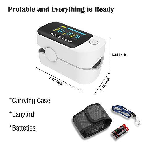 Pulse Oximeter Fingertip, Portable Blood Oxygen Saturation Monitor for Heart Rate and SpO2 Level, O2 Monitor Finger for Oxygen, Pulse Ox, Oxi Include Carrying Case, Lanyard and Batteries, Grey-White - 5