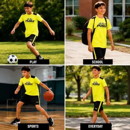 PUMA Bolalar uchun faol shortiklar to‘plami - 2 qismli Dry Fit futbolka va ishlash sport zali shortiklari - O‘g‘il bolalar uchun faol kiyimlar to‘plami (4-16) - 3