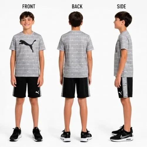 PUMA Boys 2 Piece Dry Fit Tee & Performance Active Shorts Set (Sizes 4-16) | Moisture Wicking Athletic Fabric, Breathable Lightweight Comfort, Great for Sports, Training & Active Play - 2