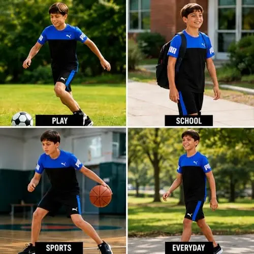 PUMA Boys Active Shorts Set - 2 Piece Dry Fit T-Shirt and Performance Gym Shorts - Activewear Clothing Set for Boys (4-16) - 3