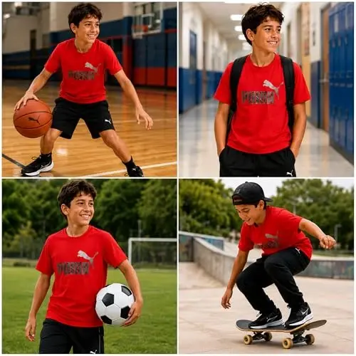 PUMA Boys futbolkasi - O'g'il bolalar uchun mushuk logotipi tushirilgan futbolka - Atletik yumaloq bo'yinli qisqa yengli futbolka (S-XL) - 2
