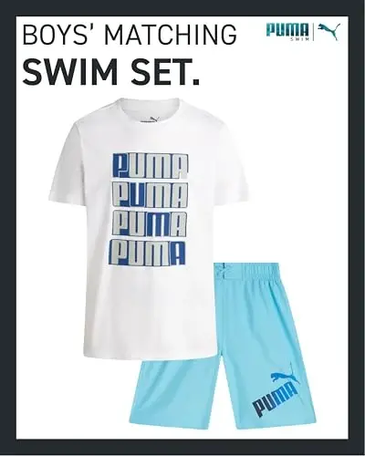 PUMA Boys Swim Set - Bathing Suit Swim Trunks with Matching Basic Short Sleeve T-Shirt - Swimwear Set for Big Boys (8-20) - 2