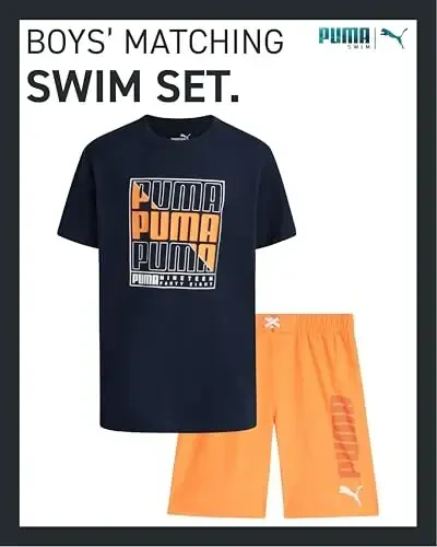 PUMA Boys Swim Set - Bathing Suit Swim Trunks with Matching Basic Short Sleeve T-Shirt - Swimwear Set for Big Boys (8-20) - 2