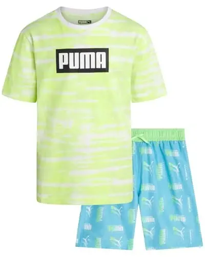 PUMA Boys Swim Set - Bathing Suit Swim Trunks with Matching Basic Short Sleeve T-Shirt - Swimwear Set for Big Boys (8-20) 