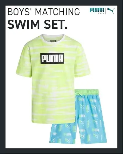 PUMA Boys Swim Set - Bathing Suit Swim Trunks with Matching Basic Short Sleeve T-Shirt - Swimwear Set for Big Boys (8-20) - 2