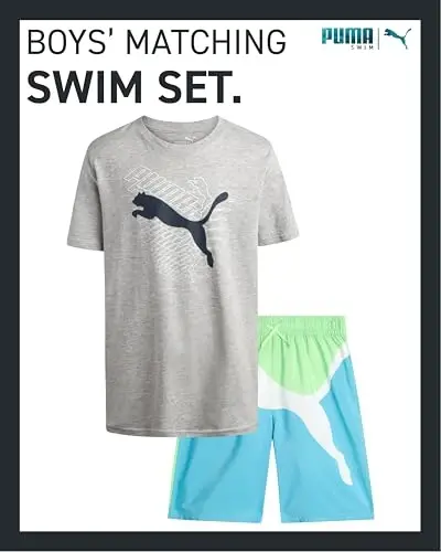 PUMA Boys Swim Set - Bathing Suit Swim Trunks with Matching Basic Short Sleeve T-Shirt - Swimwear Set for Big Boys (8-20) - 2