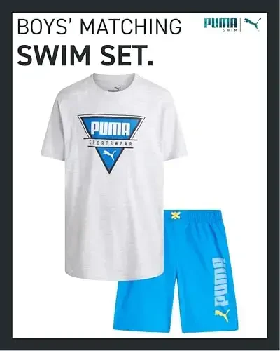 PUMA Boys Swim Set - Cho'milish kostyumi, mos keladigan oddiy qisqa yengli futbolka bilan cho'milish trunklari - Katta o'g'il bolalar uchun suzish kiyimlari to'plami (8-20) - MODAZONE (1)