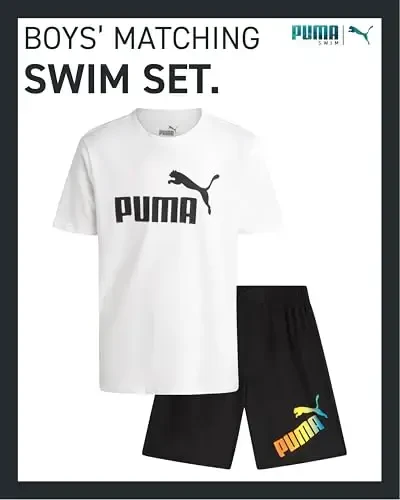 PUMA Boys Swim Set - Cho'milish kostyumi Suv Trunks mos keladigan Asosiy Qisqa Qisma futbolka bilan - Katta o'g'il bolalar uchun suzish kiyimlari to'plami (8-20) - 2