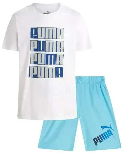 PUMA Boys Swim Set - Cho'milish Kostyumi Suzish Truslari mos keladigan Asosiy Qisqa Yengli Futbolka bilan - Katta Bolalar uchun Suzish Kiyimlari To'plami (8-20) 