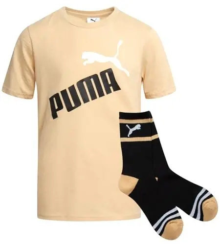 PUMA Boys T-Shirt - 2 Piece Casual Crewneck Short Sleeve Athletic Graphic Tee Shirts for Boys with Matching Socks (S-XL) 