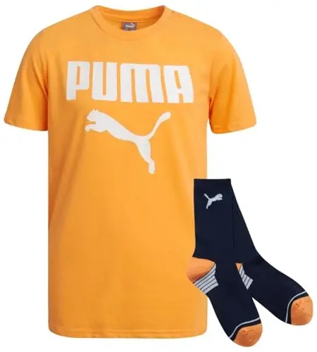PUMA Boys T-Shirt - 2 Piece Casual Crewneck Short Sleeve Athletic Graphic Tee Shirts for Boys with Matching Socks (S-XL) 