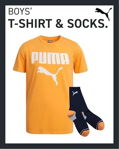 PUMA Boys T-Shirt - 2 Piece Casual Crewneck Short Sleeve Athletic Graphic Tee Shirts for Boys with Matching Socks (S-XL) - 2