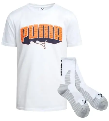 PUMA Boys T-Shirt - 2 Piece Casual Crewneck Short Sleeve Athletic Graphic Tee Shirts for Boys with Matching Socks (S-XL) 