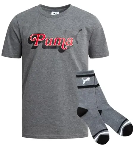 PUMA Boys T-Shirt - 2 Piece Casual Crewneck Short Sleeve Athletic Graphic Tee Shirts for Boys with Matching Socks (S-XL) 