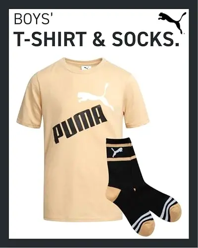 PUMA Boys T-Shirt - 2 Piece Casual Crewneck Short Sleeve Athletic Graphic Tee Shirts for Boys with Matching Socks (S-XL) - 2