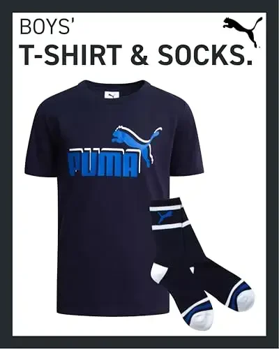 PUMA Boys T-Shirt - 2 Piece Casual Crewneck Short Sleeve Athletic Graphic Tee Shirts for Boys with Matching Socks (S-XL) - 2