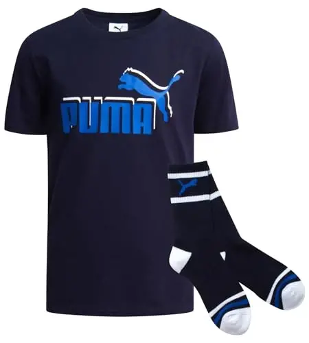 PUMA Boys T-Shirt - 2 Piece Casual Crewneck Short Sleeve Athletic Graphic Tee Shirts for Boys with Matching Socks (S-XL) 