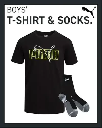 PUMA Boys T-Shirt - 2 Piece Casual Crewneck Short Sleeve Athletic Graphic Tee Shirts for Boys with Matching Socks (S-XL) - 3