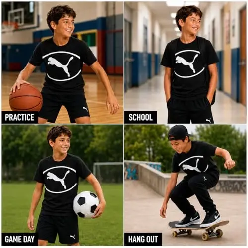 PUMA Boys T-Shirt - Cat Logo T-Shirt for Boys - Athletic Crewneck Short Sleeve Tee (S-XL), Size Large, Green/Yellow - 3