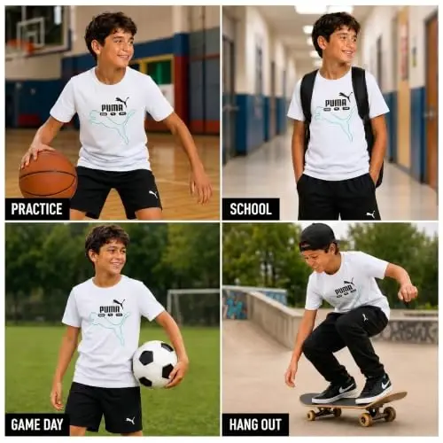 PUMA Boys T-Shirt - Cat Logo T-Shirt for Boys - Athletic Crewneck Short Sleeve Tee (S-XL), Size Large, Green/Yellow - 3