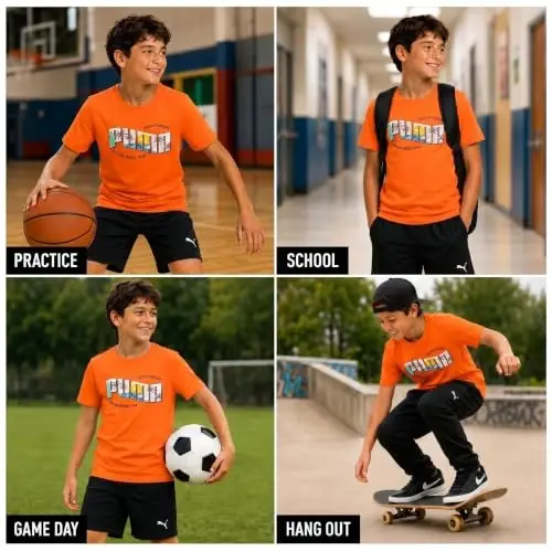 PUMA Boys T-Shirt - Cat Logo T-Shirt for Boys - Athletic Crewneck Short Sleeve Tee (S-XL), Size Large, Green/Yellow - 3