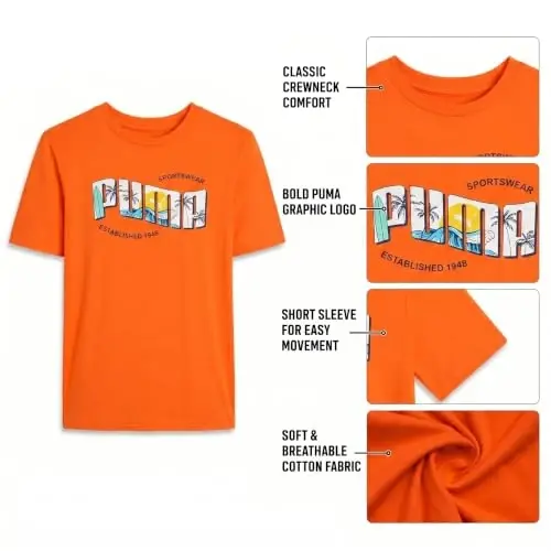 PUMA Boys T-Shirt - Cat Logo T-Shirt for Boys - Athletic Crewneck Short Sleeve Tee (S-XL), Size Large, Green/Yellow - 5