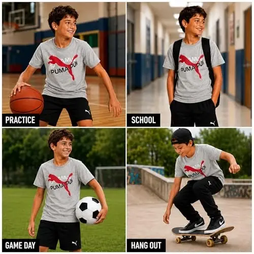 PUMA Boys T-Shirt - Cat Logo T-Shirt for Boys - Athletic Crewneck Short Sleeve Tee (S-XL), Size Large, Green/Yellow - 3