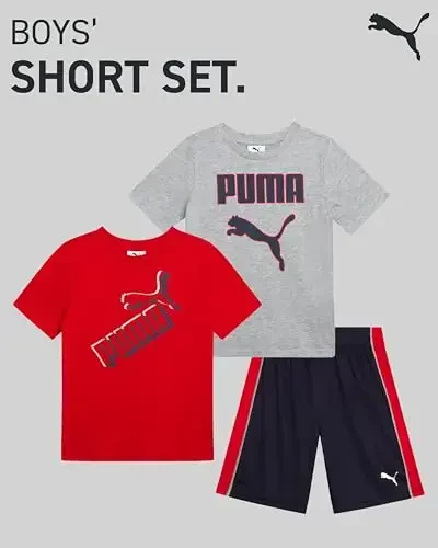 PUMA Boys Short Set - 3 Piece Short Sleeve Graphic T Shirts and Boys Shorts Kids Youth Matching Activewear Set (2T-7) - 2