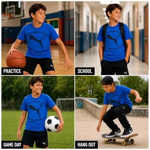 PUMA Boys T-Shirt - Cat Logo T-Shirt for Boys - Athletic Crewneck Short Sleeve Tee (S-XL), Size Large, Green/Yellow - 3