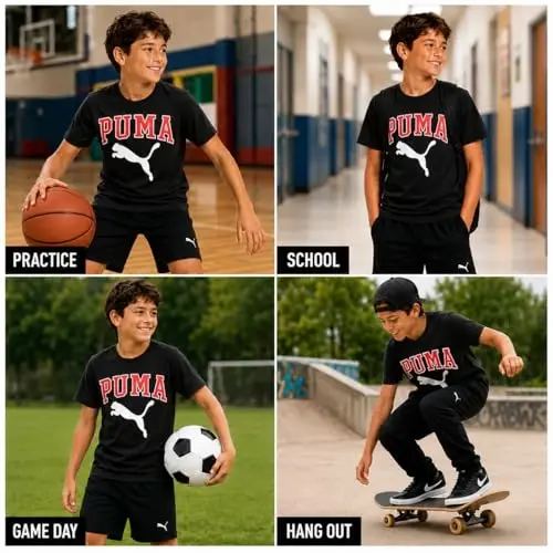 PUMA Boys T-Shirt - Cat Logo T-Shirt for Boys - Athletic Crewneck Short Sleeve Tee (S-XL), Size Large, Green/Yellow - 3