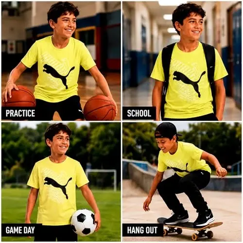 PUMA Boys T-Shirt - Cat Logo T-Shirt for Boys - Athletic Crewneck Short Sleeve Tee (S-XL), Size Large, Green/Yellow - 3