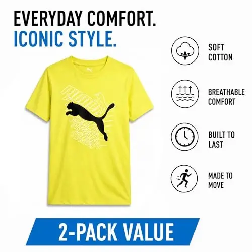 PUMA Boys T-Shirt - Cat Logo T-Shirt for Boys - Athletic Crewneck Short Sleeve Tee (S-XL), Size Large, Green/Yellow - 4