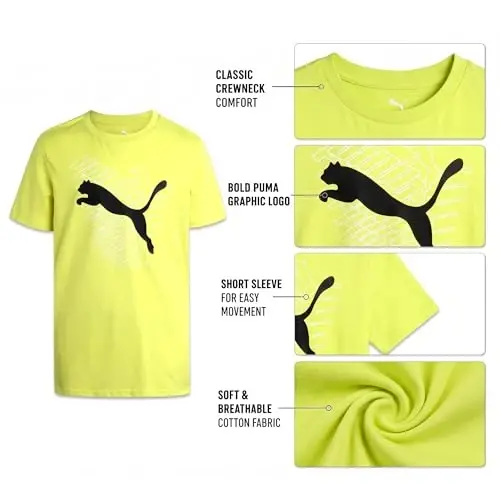 PUMA Boys T-Shirt - Cat Logo T-Shirt for Boys - Athletic Crewneck Short Sleeve Tee (S-XL), Size Large, Green/Yellow - 5