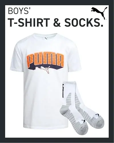 PUMA Boys T-Shirt - 2 Piece Casual Crewneck Short Sleeve Athletic Graphic Tee Shirts for Boys with Matching Socks (S-XL) - 2