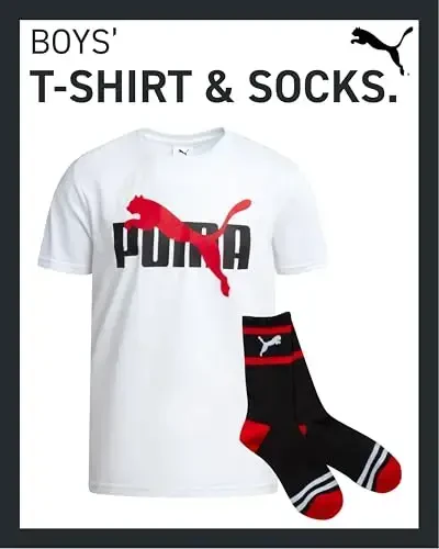 PUMA Boys T-Shirt - 2 Piece Casual Crewneck Short Sleeve Athletic Graphic Tee Shirts for Boys with Matching Socks (S-XL) - 2