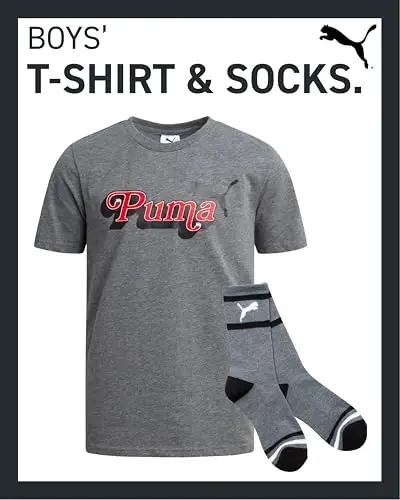 PUMA Boys T-Shirt - 2 Piece Casual Crewneck Short Sleeve Athletic Graphic Tee Shirts for Boys with Matching Socks (S-XL) - 2