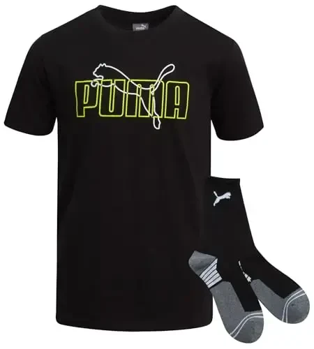 PUMA Boys T-Shirt - 2 Piece Casual Crewneck Short Sleeve Athletic Graphic Tee Shirts for Boys with Matching Socks (S-XL) - 2