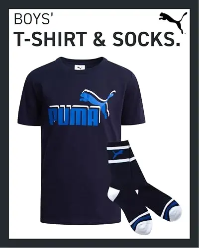 PUMA Boys T-Shirt - 2 Piece Casual Crewneck Short Sleeve Athletic Graphic Tee Shirts for Boys with Matching Socks (S-XL) - 2